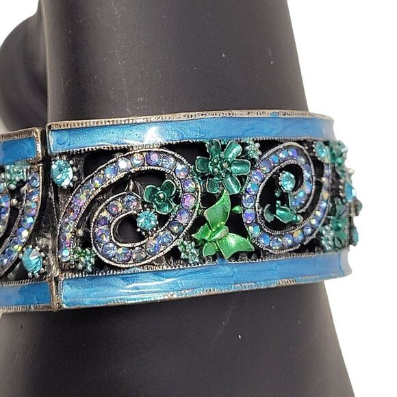 Blue Enamel Rhinestone Filagree Clamper Bangle Bracelet Flower Sparkle Glam 6.5" - Picture 5 of 9